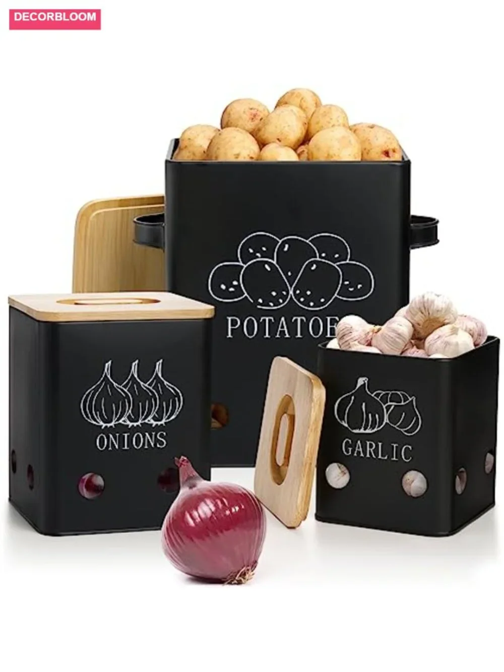 3 Pack Vegetable Storage Tins with Bamboo Lids, Potato Onion Garlic Canisters,